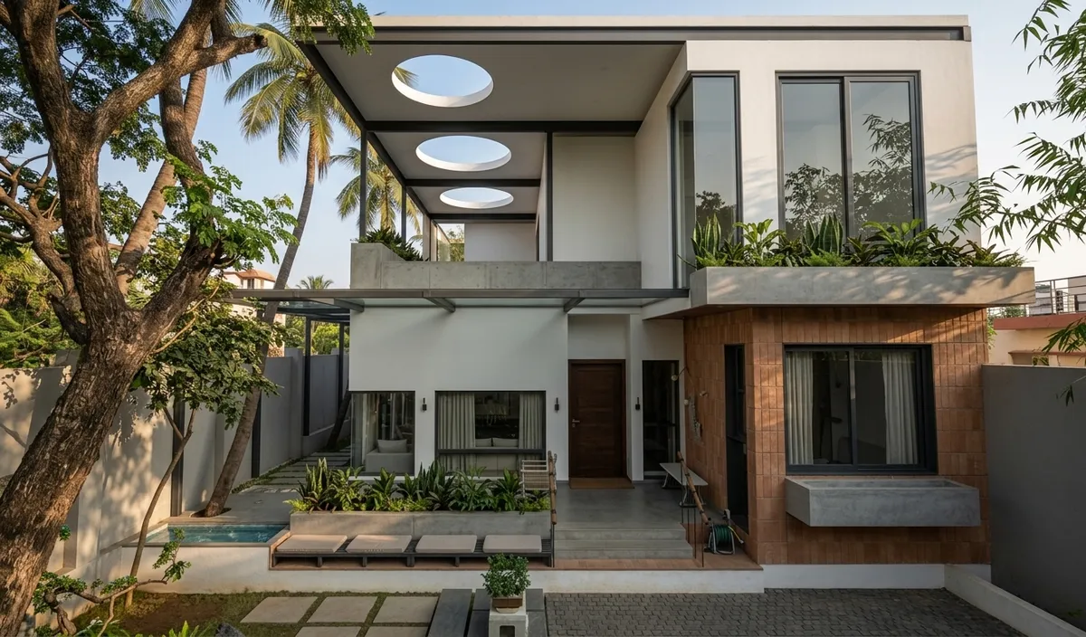 Visualisation of the residence for Mr Harshavardhan in Dharwad: terracotta wing, floating roof with circular cut-outs and sunken courtyard garden